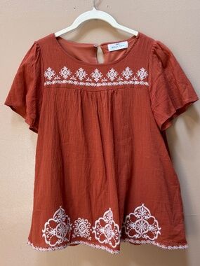 Aluv Place Embroidered Boho Short Sleeve Orange Top Size Small
